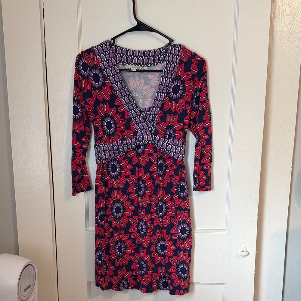 Boden Floral V-Neck Dress - Red and Purple